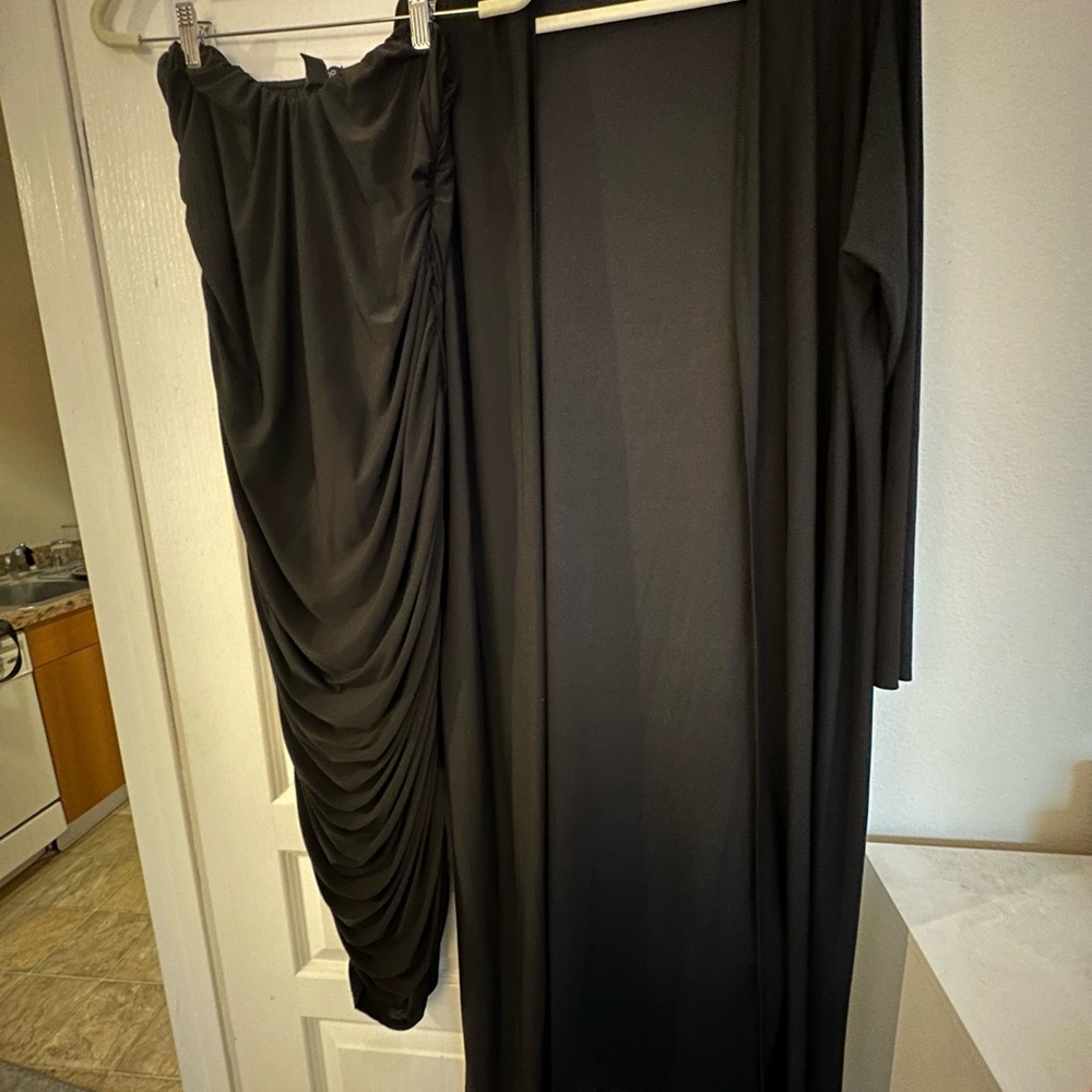 Elegant Black Ruched Dress and Cardigan Set